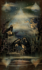 Halloween poker spades card, cemetery, cross and dead crow, vector illustration