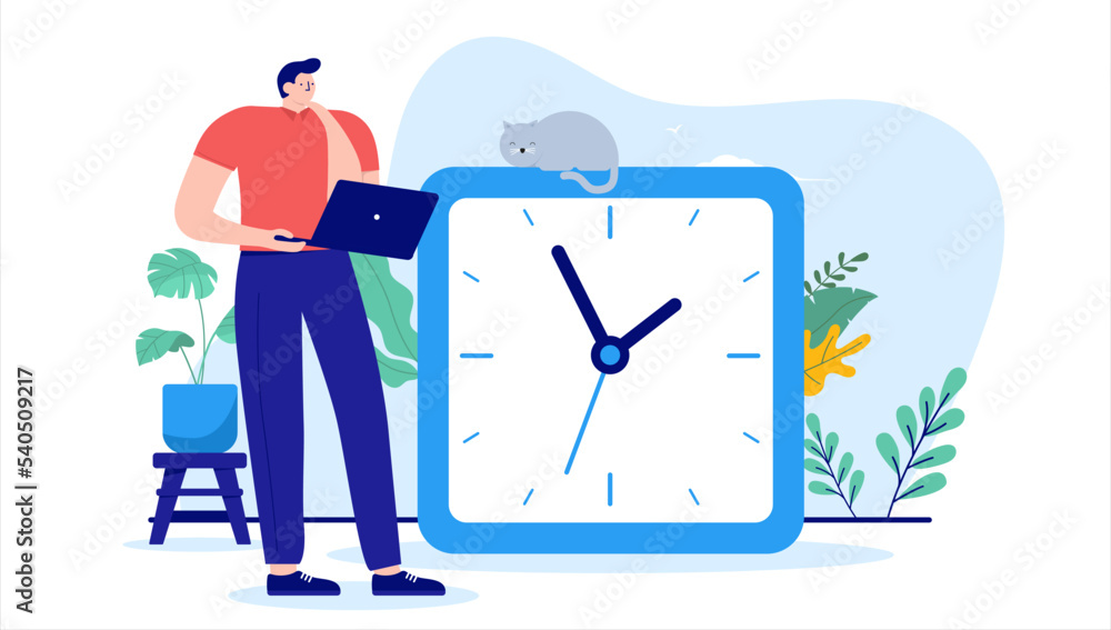 Aufkleber man and clock - one person standing with laptop computer watching time, minutes and hours go. flat d