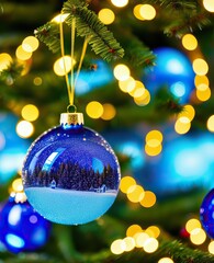 Round blue Christmas ornament, landscape inside, bokeh background, twinkling lights