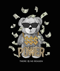 power golden diamond slogan with black and white bear doll in sun glasses and flying banknote vector illustration on black background - obrazy, fototapety, plakaty