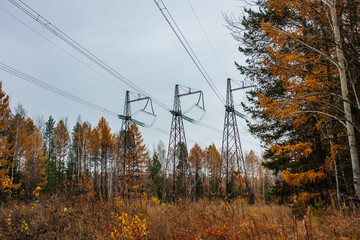 Power lines with a voltage of 500 kilovolts in the suburbs of Nizhny Tagil. October 2022