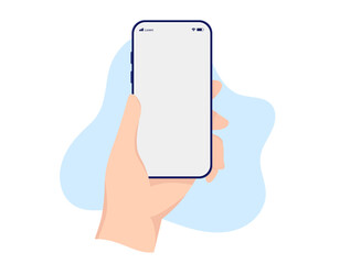 Phone in hand vector illustration mockup - Hand holding smartphone with blank empty screen straight up in flat design white blue and white background