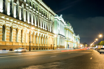 Fototapeta na wymiar Saint Petersburg embankment. Russia Winter evening. Lights of evening Saint Petersburg. Building of Winter Palace. Palace Embankment in Petersburg