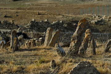 Arani. Russia. April 07, 2021. Republic of Dagestan. The oldest burial site with many stone menhirs...