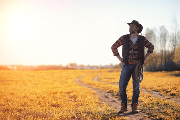 A man cowboy hat and a loso in the field. American farmer in a field wearing a jeans hat and with a...