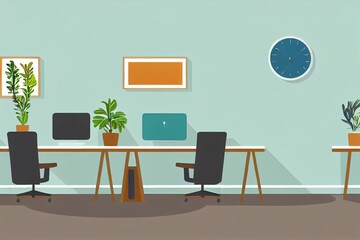 Coworking office with tables, chairs, laptops and plants. 2d illustration cartoon empty interior of open space or home office with furniture for corporate or freelance work