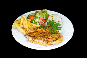 Grilled chicken breast with rice, salad and french fries in a white plate