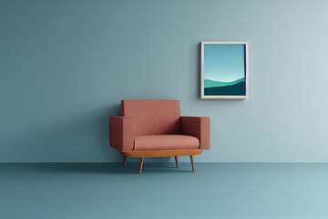 Mock up poster frame in Scandinavian style interior with wooden furnitures. Minimalist interior design. 3D illustration.