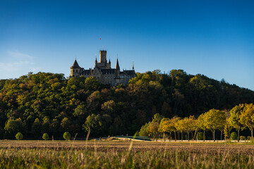 Mittelalterische Burg im Herbst auf Hügel