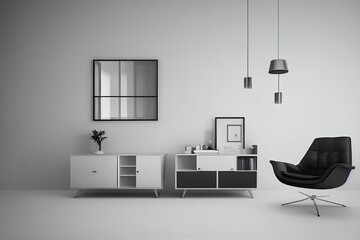 White interior with dresser, lounge chair and decor. 3d render illustration background mock up.