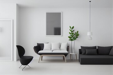 Living Room Interior with chair, plants, cabinet, on empty white wall background,minimal design, 3D rendering