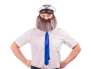 Bearded pilot smiling at camera, isolated on a white background