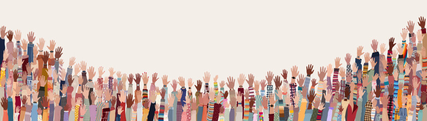 Group hands up of diverse people.Diversity multiethnic people. Racial equality. Men and women of different culture and nations. Coexistence harmony. Multicultural community integration