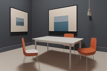 Mock up poster in the interior with a chair and a table, 3D render, 3d illustration.