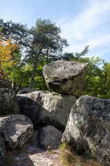 Boulder and sandstone rock in the Apremont rock. Fontainebleau forest