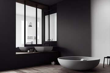 Fototapeta na wymiar Interior of minimalistic bathroom with dark gray walls, wooden floor, black freestanding sink and rack with towel on it. 3d rendering