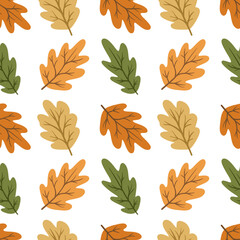 Obraz premium Autumn Vector Seamless Pattern With Multicolored Oak Leaves. Forest Natural Print, Background, Textile Design, Packaging Paper. Leaves In Autumn Colors.