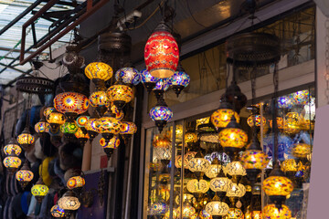 Colored lanterns on the background of the black night sky in the street