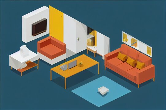 2d Illustration Isometric Low Poly Living Room Cutaway Icon. Room Includes Sofa, Coffee Table, Tv And Other Furniture