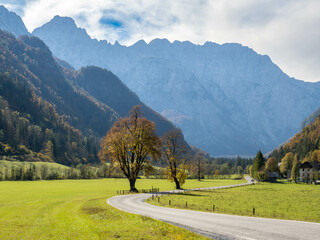 Fototapeta na wymiar Picturesque valleys and mountains in Logarka Dolina road, Slovenia