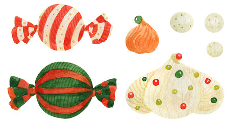 Christmas sweets lollipop and zefir, watercolor illustration