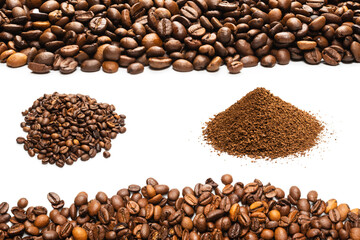 Coffee beans on a white background. Top view.