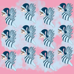 pattern with birds fairy, butterfly, bee, sorceress