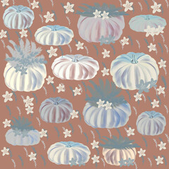 seamless pattern with flowers and clouds pumpkins christmas