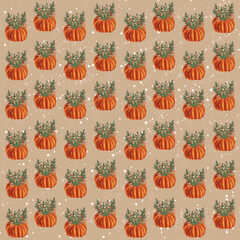 seamless background with flowers pumpkins christmas