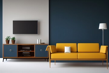 Cabinet for TV in modern living room with leather armchair have empty dark blue wall background.3D rendering