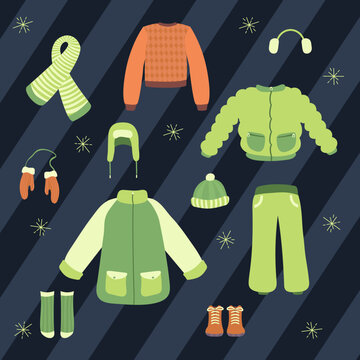 Set Of Illustrations Of Winter Clothes, Hat, Jacket, Mittens, Scarf, Shoes, Socks, Sweater, Isolated, No Outline, Flat