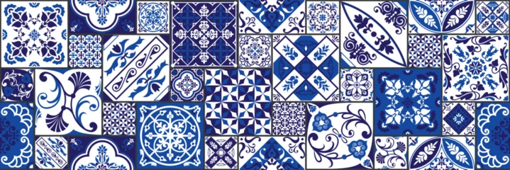 Papier Peint photo Portugal carreaux de céramique Motif de tuiles vectorielles, mosaïque florale de Lisbonne, ornement bleu marine sans couture méditerranéen