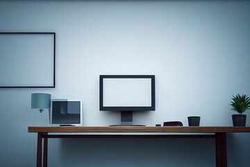 Blank screen computer on a wooden office desk in a room with panoramic windows. Side view. 3d rendering mock up