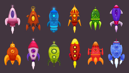 A set of bright spaceships in a casual style. Concept art of different UFOs. Alien mechanisms. Hell rocket, Atlantis rocket, Halloween rocket. Automation in steampunk style. Glowing ships.
