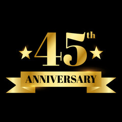Golden badge wedding anniversary labels celebration number with flat ribbon 45 years
