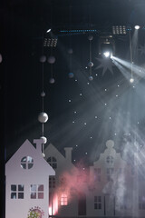 Theatrical scene without actors, scenic colorful light and smoke