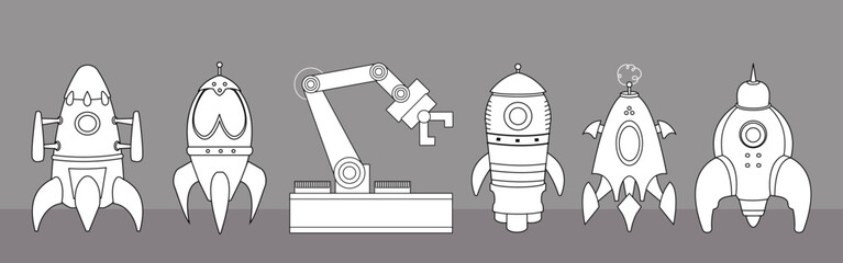 Obraz premium A set of crystals and a robot arm for the construction and assembly of mechanisms. Silhouettes on a gray background, cartoon comics, casual graphics, line art, flat style. Spaceships and robot.