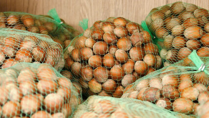 Nice hazelnuts packed in mesh bags