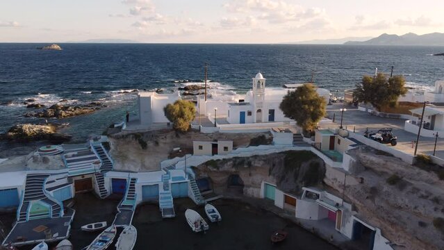 Mandrakia Fishing Village Aerial View in Aegean Sea, Cyclades Island, Greece