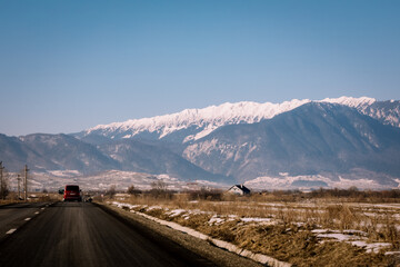 Panoramic view over the ski slope Poiana Brasov ski resort in Transylvania, Pine forest covered in snow on winter season,Mountain landscape in winter with the Bucegi Mountains in the background.