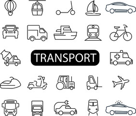 Set of outline icons about transport and delivery. Collection of simple black symbols in silhouette. Vector illustration. EPS 10