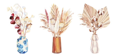 Hand painted watercolor dry palm leaves, cotton, eucalyptus, pampas grass and poppies bouquet in vase on white background. Watercolor illustration. Dry boho flowers and leaves clipart isolated