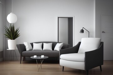 Modern minimalistic interior with an armchair. Scandinavian style. 3D render.