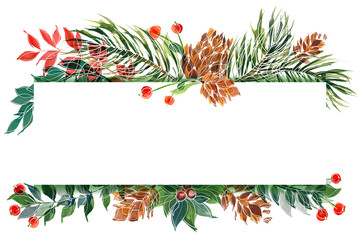 Christmas watercolor pine and holly and winter plants