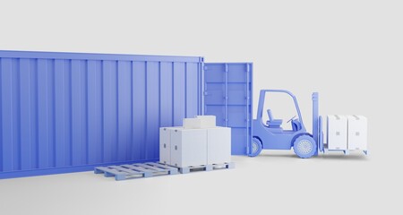 A stylized illustration of the process of unloading imported goods in a container. The forklift moves boxes on a pallet. 3d rendering.