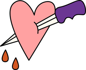 Halloween heart in a dagger line illustration with transparent background 90s style. Spooky element for Halloween decor