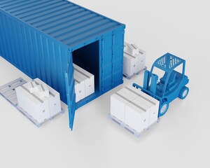 Fototapeta na wymiar The process of unloading a blue cargo container. Illustration of the operation of an electronic loader. Organization of work in the warehouse. 3d rendering.