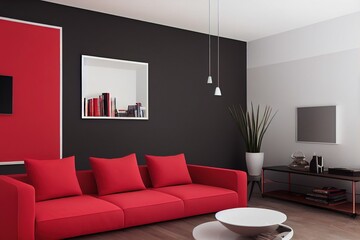 Home interior, luxury modern dark living room interior, black empty wall mock up with red sofa, 3d render