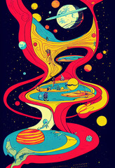 Hand drawn comic illustration of Live on Another Planet, Retro and 90s style, Cosmos, Pop Art, Abstract, Crazy, and Psychedelic Background