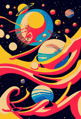 Hand drawn comic illustration of Live on Another Planet, Retro and 90s style, Cosmos, Pop Art, Abstract, Crazy, and Psychedelic Background